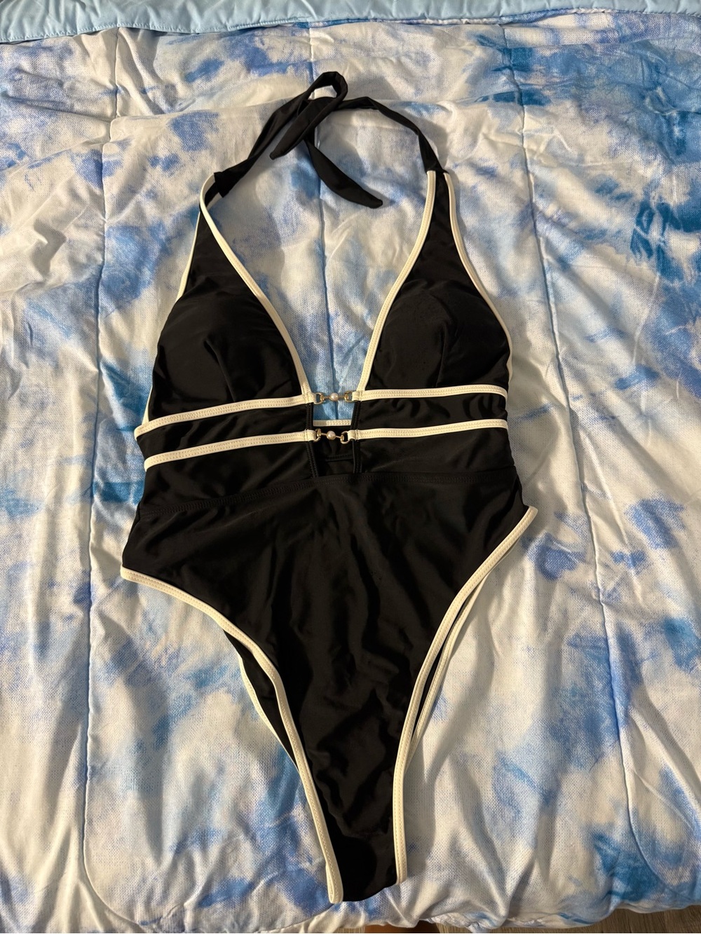 Black and Cream Trim Kids One-Piece Swimsuit